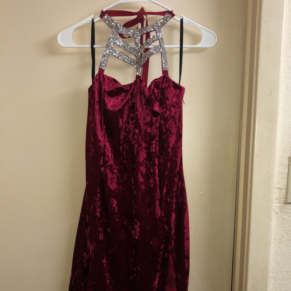 Crushed red velvet, studded halter top mini dress - Picture 1 of 5